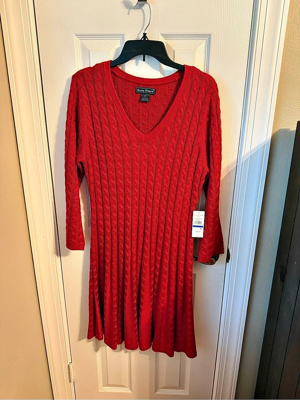 Jessica Howard Cable Knit V-Neck Sweater Dress Red XL